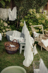 street washing in the yard summer hot white linen basin wash rope twine clothespins
