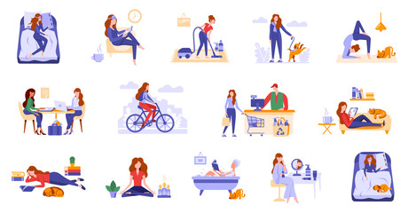 Young women spend leisure time, take care of herself. Daily routine, life scenes, everyday activities of a woman. Girls sleep, take bath, work, do sport, shopping, do hobbies, cleaning, surf internet