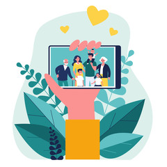 Hand holding phone with family photo on screen flat vector illustration. Picture of parents, grandparents and children on smartphone. Digital technology and relations concept