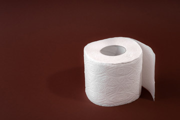 A roll of toilet paper on a brown background. Copy space. Space for text.