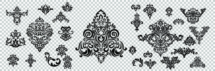 Damask pattern vector element. Classic luxury old-fashioned ornament grunge background. Royal victorian texture for wallpaper, textile, fabric, wrapping. Exquisite floral baroque patterns. - obrazy, fototapety, plakaty