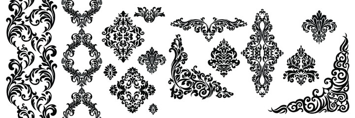 Damask pattern vector element. Classic luxury old-fashioned ornament grunge background. Royal victorian texture for wallpaper, textile, fabric, wrapping. Exquisite floral baroque patterns. - obrazy, fototapety, plakaty