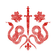 Coat of arms with snake, rose and sword illustration, retro texture style of a red color