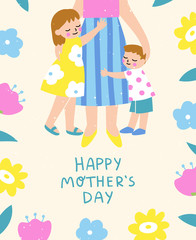 Happy Mother's Day template design for a card, poster or a banner. Cute and colorful vector illustration of kids hugging their mom surrounded by flowers. Flat cartoon style.