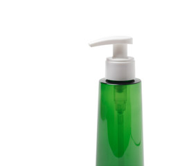 Bottle of liquid soap and hand sanitizer isolate on white background, close up