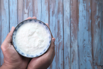 hand holding a bowl of yogurt with copy space 