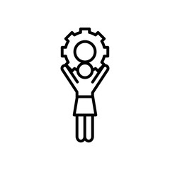 pictogram woman holding a gear wheel icon, line style