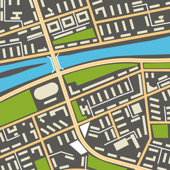 City navigation map with symbols of streets, houses, parks and river. Graphic illustration of city map background. Vector Illustration