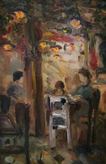 People in the evening cafe, oil painting