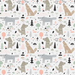 Cute Wolf Vector Seamless pattern. Childish Background with Hand Drawn doodle Wolves in Forest. Cartoon Wild Animals Wallpaper. Design for kids
