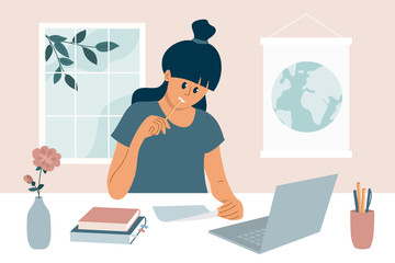 Fototapeta na wymiar Stay at home, study remotely. Working or learning process using laptop. E-learning, online education vector illustration. Cute pensive girl sitting behind table, thinking about school lesson or work.