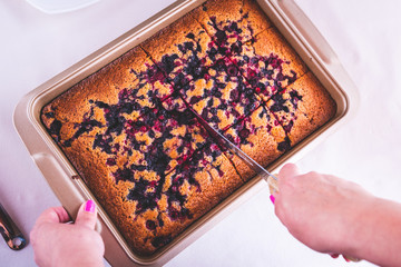 freshly baked pie in a pan with raspberries and cherries