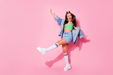 Full length body size view of nice-looking glamorous attractive lovely overjoyed carefree cheerful cheery girl having fun party shadow glamour isolated over pink pastel color background