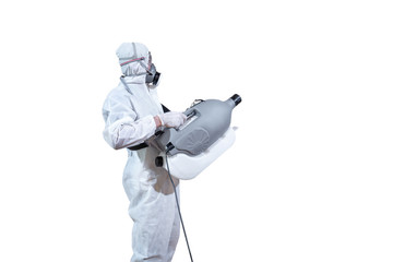 Specific specialist and professional in virus protection suit holds machine to spray sanitizer liquid solution to kill Coronavirus (COVID-19) isolated on white clear background. Clipping Path.