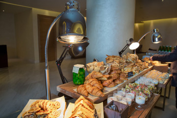 Fresh pastry, crispy morning croissants, breakfast in hotel . Breakfast buffet.
