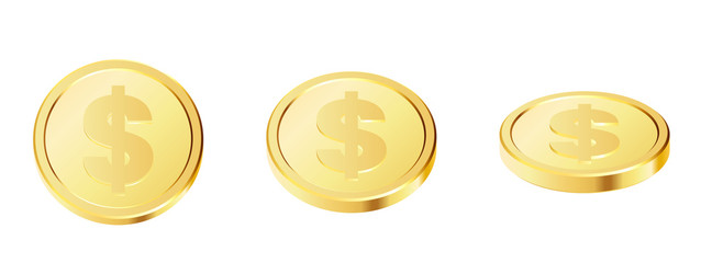 Set of rotating gold coins with dollar currency sign.