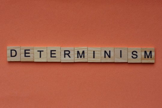 text from a long word determinism from gray wooden small letters with black font on an orange background