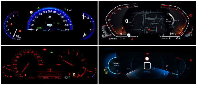 Illuminated car dashboards collage. Four different types of full digital car cluster. Instrument panel with speedometer, tachometer, odometer, fuel gauge, oil temperature gauge and seat belt reminder.