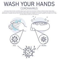 Hand washing with soap. Micelles. Hand wash infographics. Soap under the microscope. Personal Care. Combating the spread of coronavirus. EPS 10 vector illustration