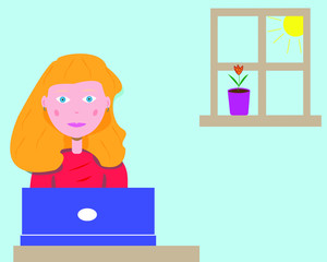Blond girl work at home. Comfort self isolation. Lady sitting at the laptop. Young woman do her job online. Work during the quarantine. Stay home. Flower on the windowsill. Vector illustration.
