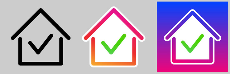 Set of stay home icons with house frame and check mark inside.