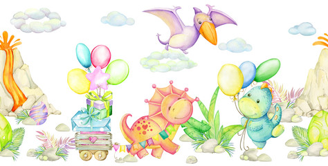 Obraz na płótnie Canvas Dinosaurs, with gifts ,with balloons. Watercolor seamless pattern, on an isolated background. Cute prehistoric animals for children's holiday.
