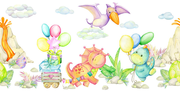 Dinosaurs, with gifts ,with balloons. Watercolor seamless pattern, on an isolated background. Cute prehistoric animals for children's holiday. © Natalia