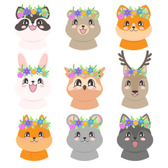 Portraits of cute animals with wreaths of flowers in cartoon style. Rabbit, deer, owl, racoon, bear, wolf, mouse, squirrel and fox. Vector illustration
