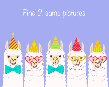 Find the same pictures - children educational game with cute llamas. Vector illustration