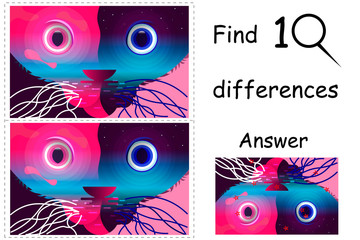 Game find 10 differences in the illustration of the cat with the answer