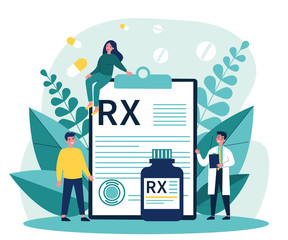 Pharmacist and patients presenting RX prescription. Doctor recommending painkiller drugs. Vector illustration for pharmacy, medication, disease, therapy concept