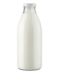 Milk in glass bottle, isolated on white background, clipping path, full depth of field