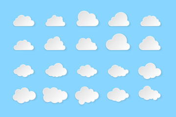 Set of clouds. Cartoon clouds isolated on blue background. Vector illustration.