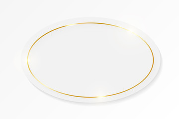 Gold shiny glowing vintage frame on whte plate isolated on white background. Golden luxury realistic border. Wedding, mothers or Valentines day concept. Xmas and New Year paper abstract