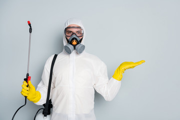 Photo of specialist disinfectant clean public transport pandemic spray hold open arm new effective...