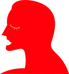 Red silhouette of a woman with long hair. Vector design for a beauty salon. Girl icon. A white figure on a red background. White lips, painted lashes.