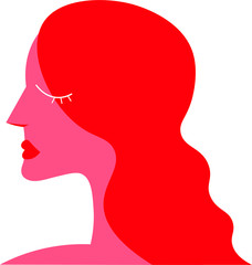 Red girl in profile, long hair, lips. Icon of a woman's head.