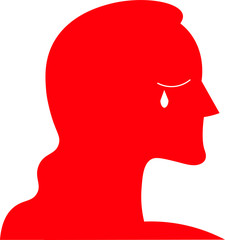 Red silhouette of a woman with long hair. Girl icon. Red figure on a white background. White lips, painted lashes. A white tear.