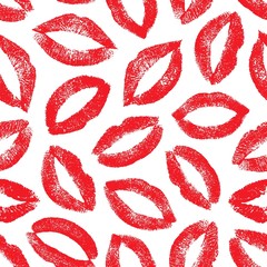 Lipstick kisses. Lips traces. Imprint real female lips isolated on white background. Joyful design. Romantic kiss. Nice seamless pattern. Fashion makeup. Endless lips prints. Repeating texture mouth