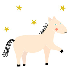 Pink standing  horse  taking up its leg  on the white background with stars. Cute vector cartoon childish illustration.