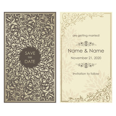 Wedding  Invitation  and save the date card baroque style. Vintage  Pattern.  Retro Victorian ornament. Frame with flowers elements. Vector illustration.