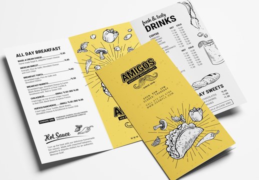 Trifold Mexican Restaurant Menu Layout with Taco Illustrations