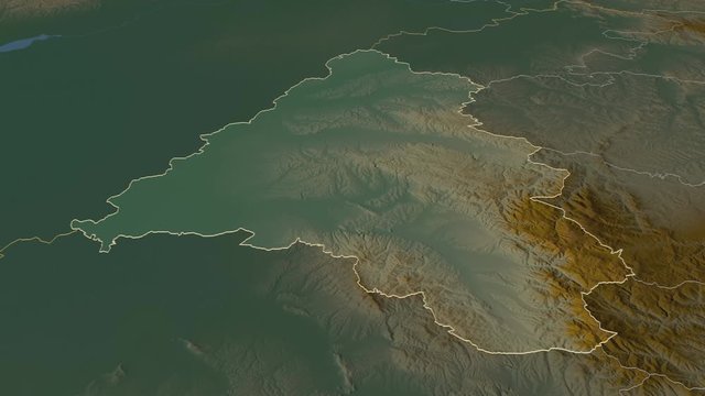 Bihor, county with its capital, zoomed and extruded on the relief map of Romania in the conformal Stereographic projection. Animation 3D