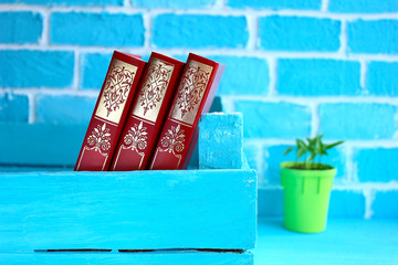 Three red books on a background of blue brick wall, indoor flower in a pot. The combination of red and blue colors in the interior