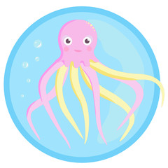 Cute octopus in yellow and pink on a blue background