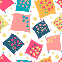 Seamless vector colorful pattern with abstract square cushion or pillow like shapes with hearts on a white background. The design is perfect for decorations, backgrounds, wrapping paper, cards.