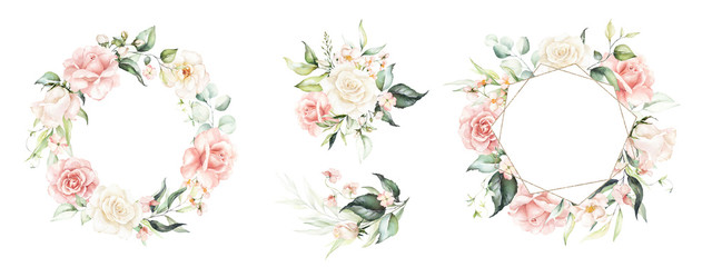 Watercolor floral wreath / frame / bouquet set with green leaves, pink peach blush flowers and branches, for wedding stationary, wallpapers, fashion. Eucalyptus, olive, green leaves, rose. © Veris Studio