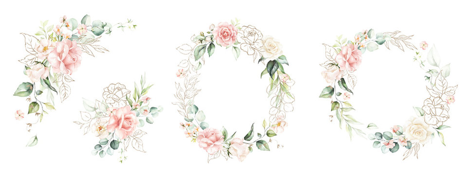 Watercolor floral wreath / frame / bouquet set with green leaves, gold shapes, pink peach blush flowers and branches, for wedding stationary, wallpapers, fashion. Eucalyptus, olive, green leaves, rose