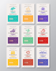 Family Recipe Fruit, Berries, Nuts and Spices Liquor Acohol Labels Collection. Abstract Vector Packaging Design Layouts Set. Modern Typography Banners with Hand Drawn Logo and Background.