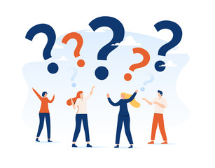 Vector illustration, concept illustration of people frequently asked questions around question marks, answer to question metaphor